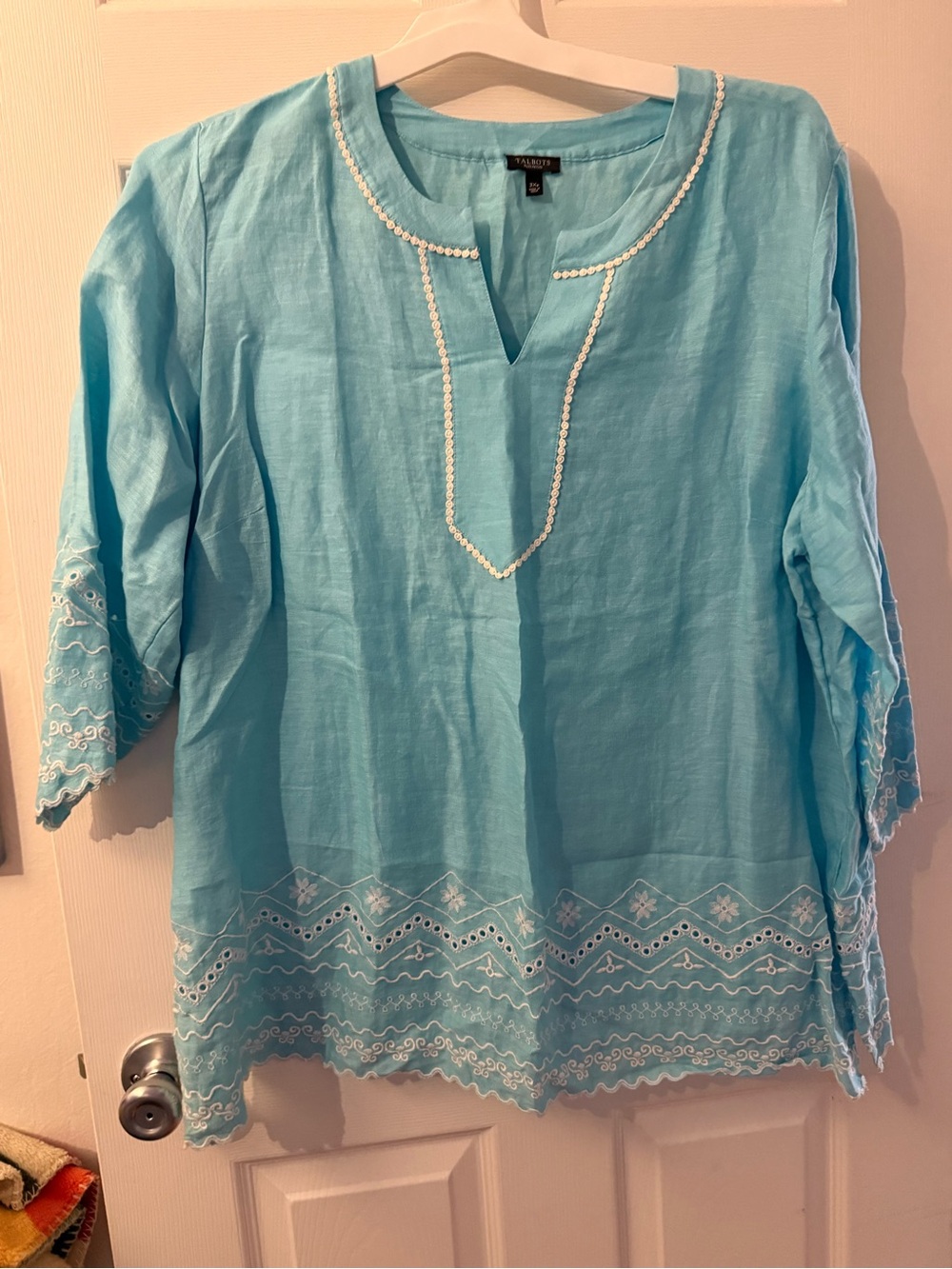 Talbots Turquoise Linen Embroidered Split-Neck Tunic